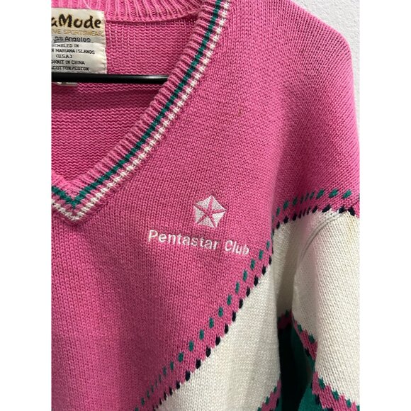 Vintage Lady LaMode Active Sportswear Pink Green White V Neck Sweater SZ Large - Picture 4 of 10